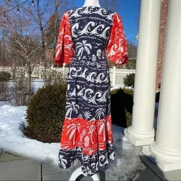 Anthropologie Place Nationale Linen Puff Sleeve Printed Midi Dress Red Small